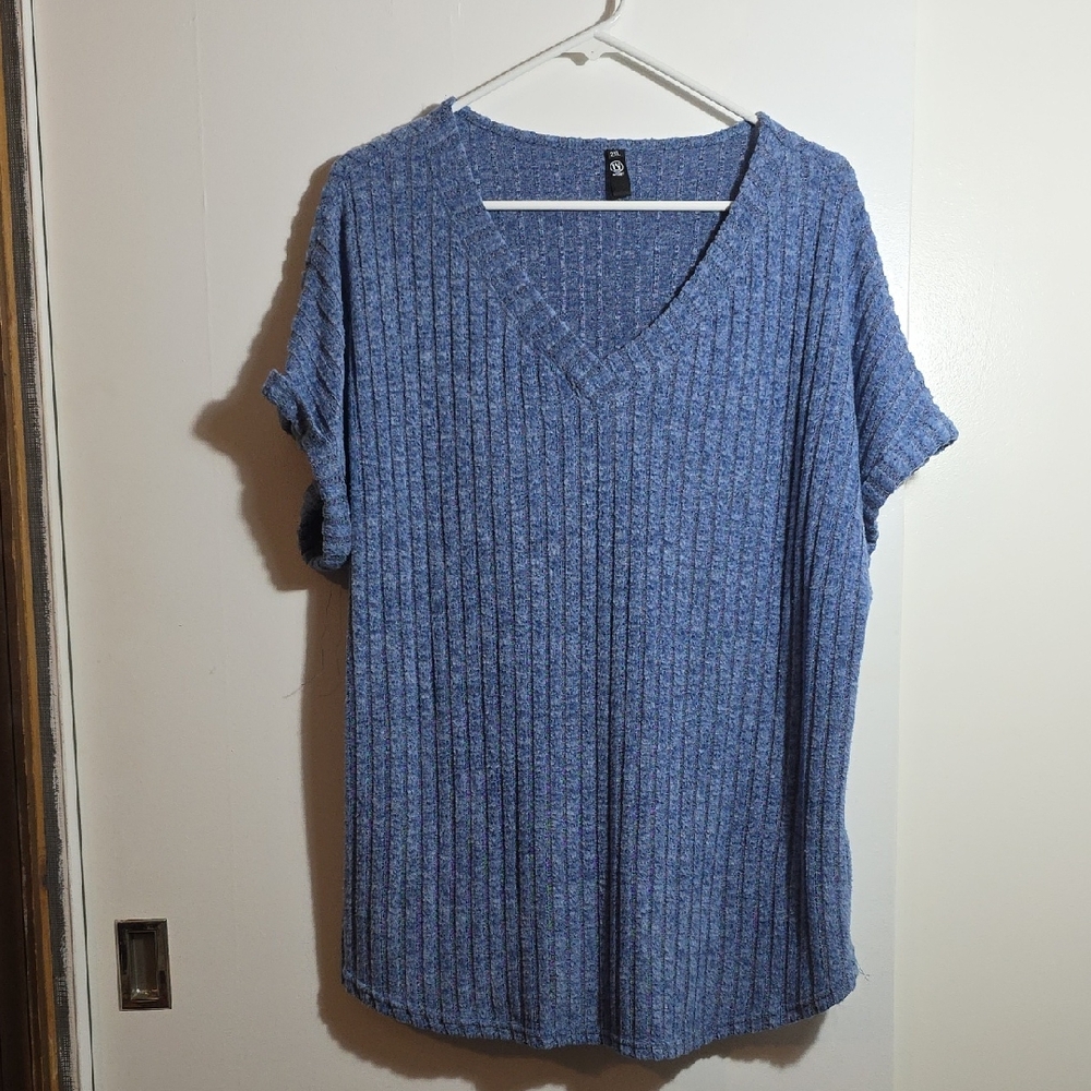 Blue V-Neck Ribbed Women's Top